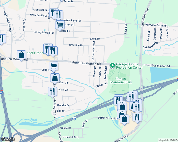 map of restaurants, bars, coffee shops, grocery stores, and more near 114 Rue Royale in Lafayette