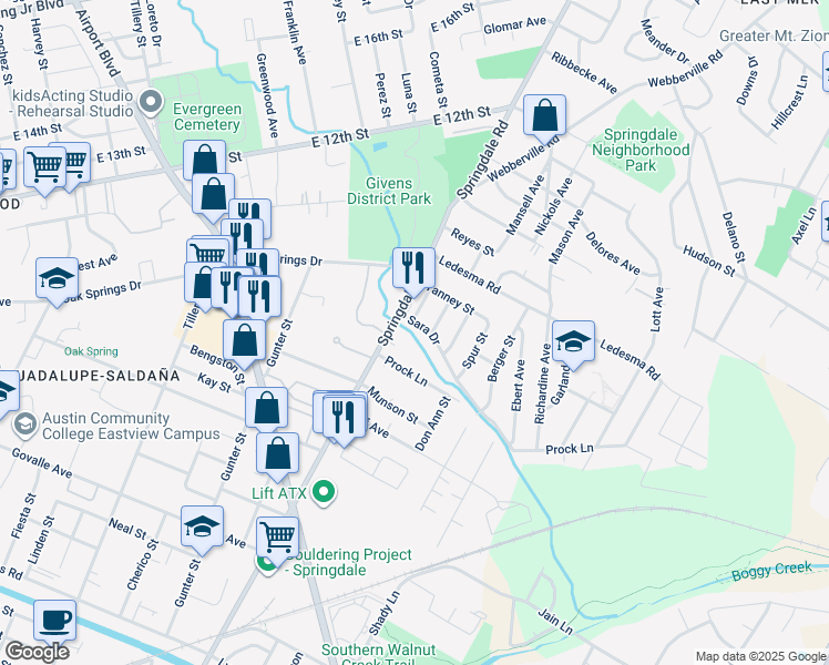 map of restaurants, bars, coffee shops, grocery stores, and more near 4701 Sara Drive in Austin
