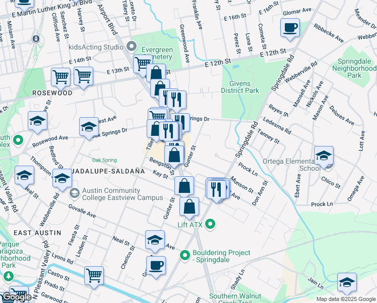 map of restaurants, bars, coffee shops, grocery stores, and more near 1143 Airport Boulevard in Austin