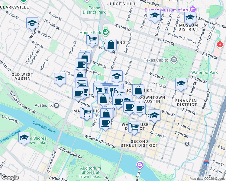 map of restaurants, bars, coffee shops, grocery stores, and more near 706 Rio Grande Street in Austin