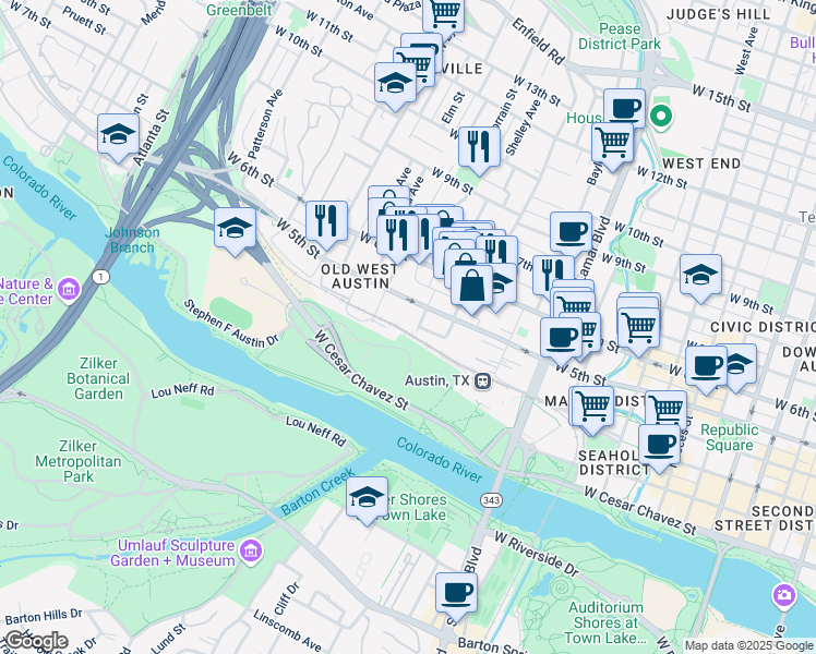 map of restaurants, bars, coffee shops, grocery stores, and more near 401 Orchard Street in Austin