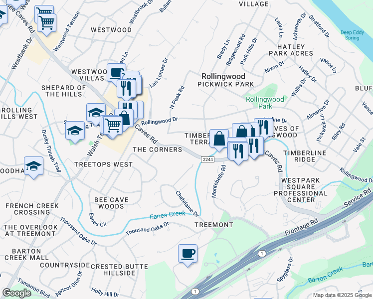 map of restaurants, bars, coffee shops, grocery stores, and more near 3006 Bee Caves Road in Austin