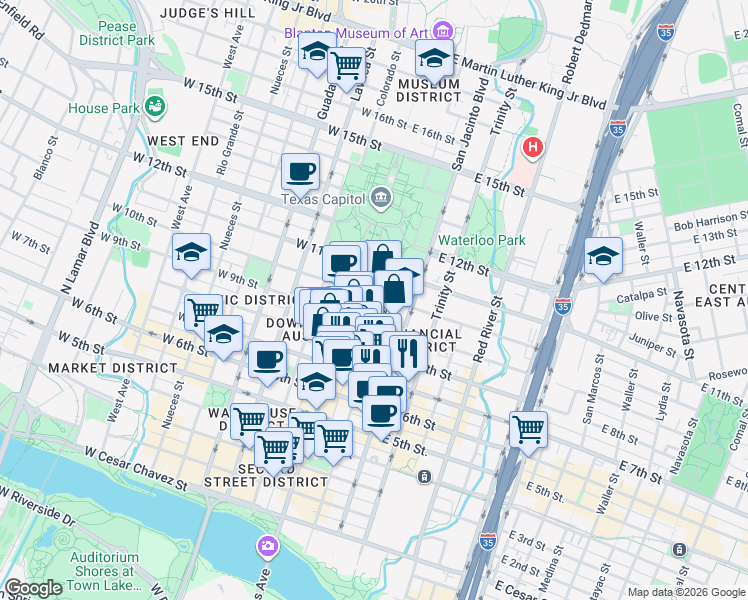 map of restaurants, bars, coffee shops, grocery stores, and more near 201 East 11th Street in Austin