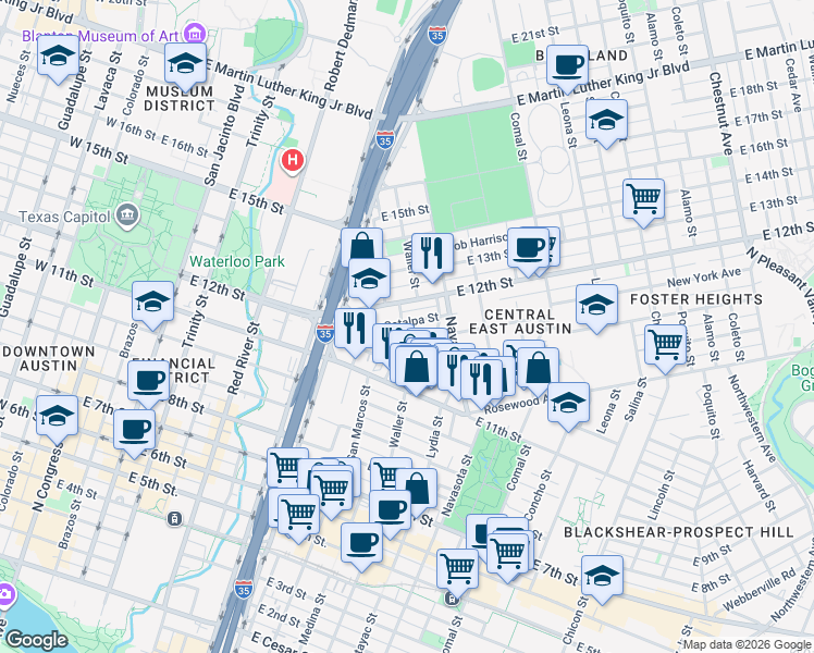map of restaurants, bars, coffee shops, grocery stores, and more near 1001 Catalpa Street in Austin