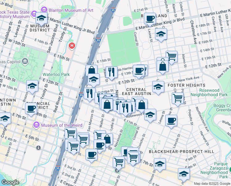 map of restaurants, bars, coffee shops, grocery stores, and more near 1184 Navasota Street in Austin