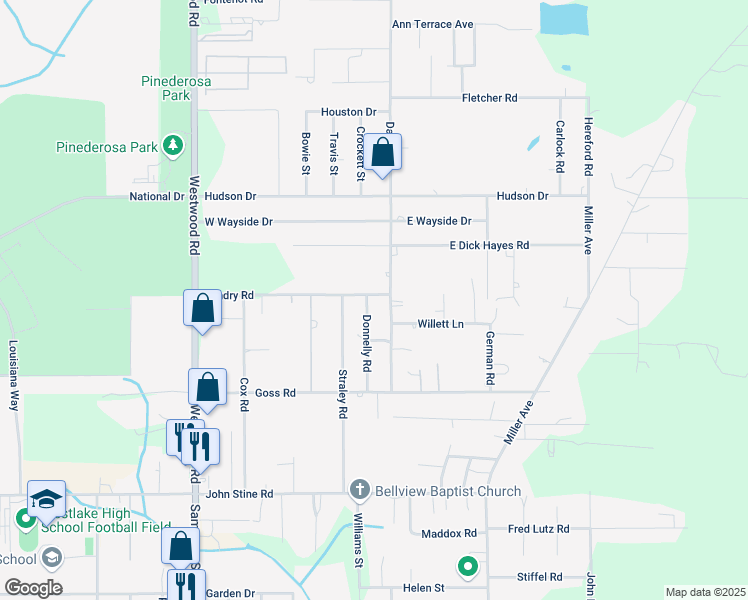 map of restaurants, bars, coffee shops, grocery stores, and more near 2620 Donnelly Road in Westlake
