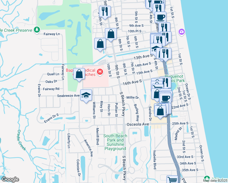 map of restaurants, bars, coffee shops, grocery stores, and more near 1625 10th Street South in Jacksonville Beach