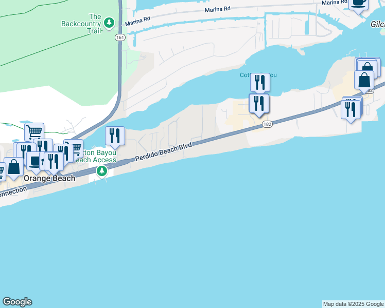 map of restaurants, bars, coffee shops, grocery stores, and more near 26302 Perdido Beach Boulevard in Orange Beach