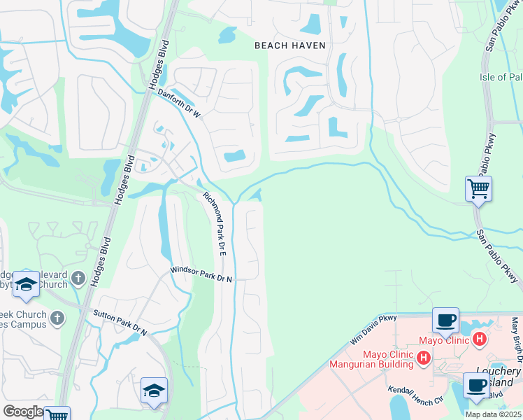 map of restaurants, bars, coffee shops, grocery stores, and more near 4011 Windsor Park Drive East in Jacksonville