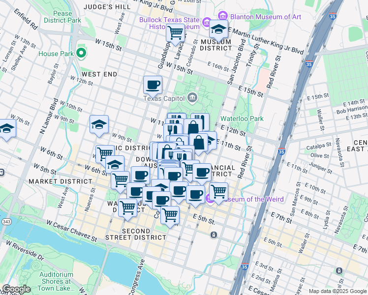 map of restaurants, bars, coffee shops, grocery stores, and more near 920 Congress Avenue in Austin