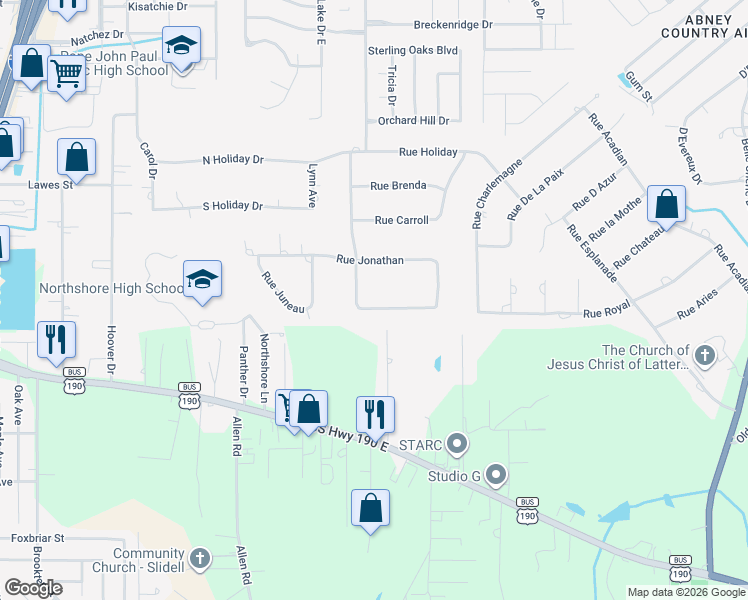 map of restaurants, bars, coffee shops, grocery stores, and more near 282 Rue Piper in Slidell