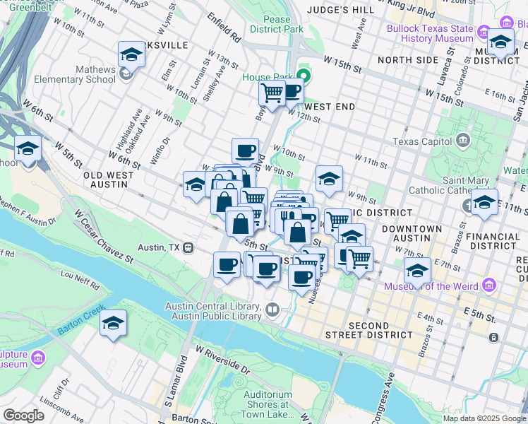 map of restaurants, bars, coffee shops, grocery stores, and more near 828 West 6th Street in Austin