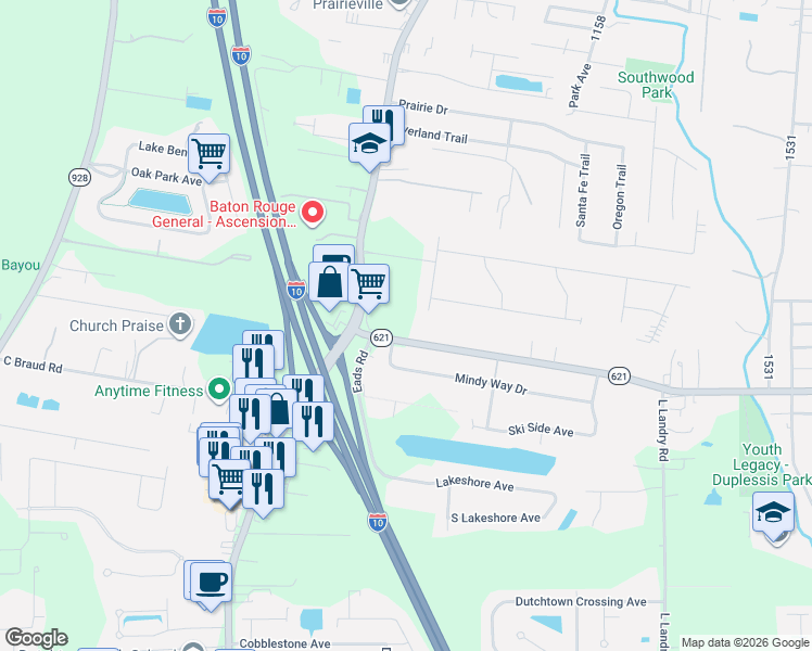 map of restaurants, bars, coffee shops, grocery stores, and more near 37124 Louisiana 621 in Prairieville