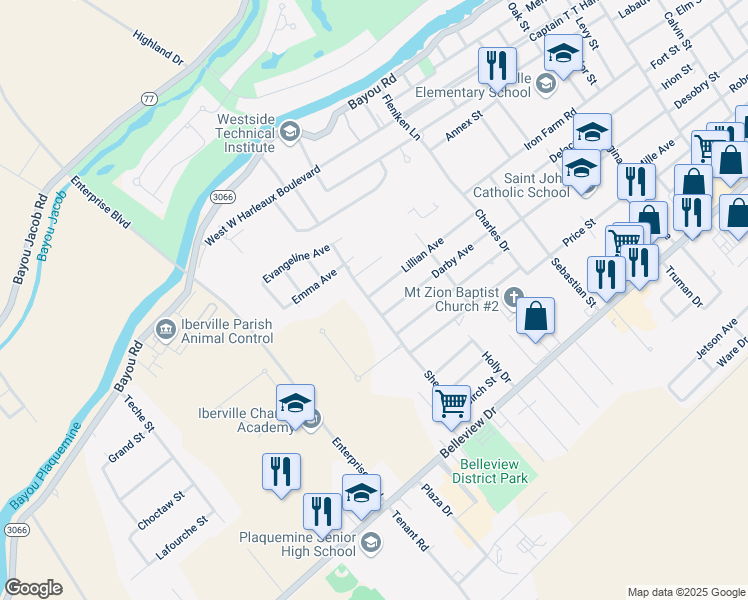 map of restaurants, bars, coffee shops, grocery stores, and more near 59175 Lillian Avenue in Plaquemine