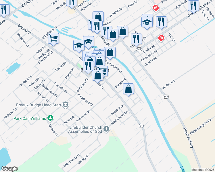map of restaurants, bars, coffee shops, grocery stores, and more near 316 S Main St in Breaux Bridge