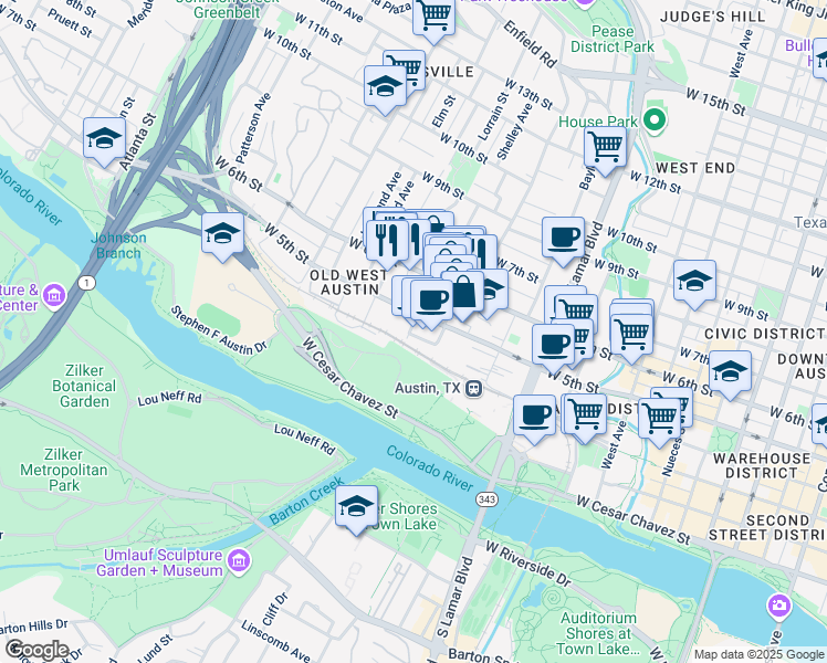 map of restaurants, bars, coffee shops, grocery stores, and more near 401 Orchard Street in Austin