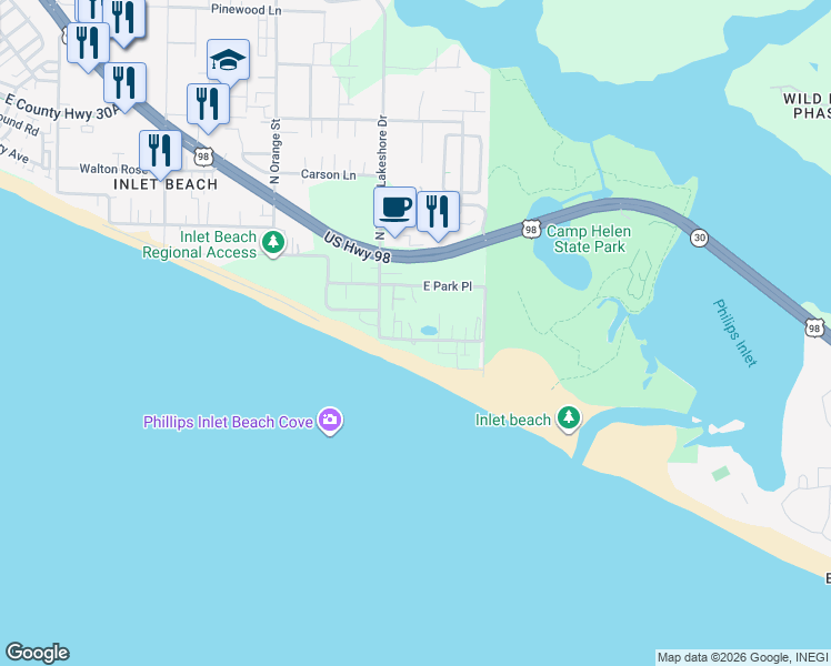 map of restaurants, bars, coffee shops, grocery stores, and more near 45 Walton Magnolia Lane in Panama City Beach