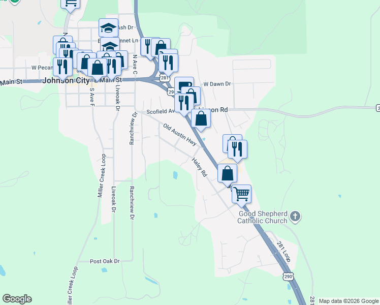 map of restaurants, bars, coffee shops, grocery stores, and more near 207 Haley Road in Johnson City