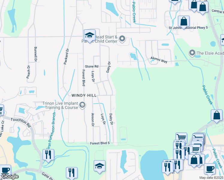 map of restaurants, bars, coffee shops, grocery stores, and more near Dalry Drive in Jacksonville