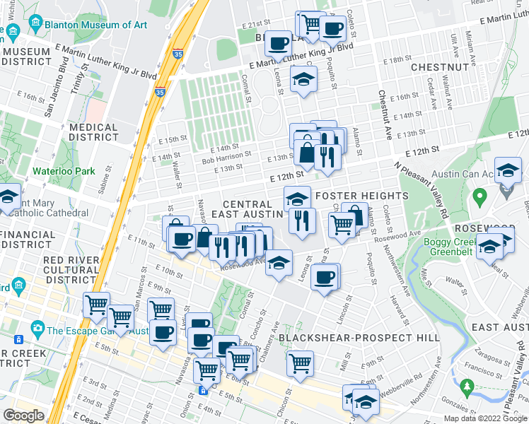 map of restaurants, bars, coffee shops, grocery stores, and more near Comal St & Pennsylvania Ave in Austin