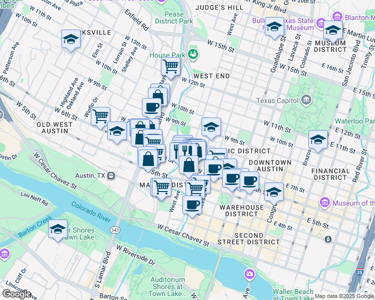 map of restaurants, bars, coffee shops, grocery stores, and more near 702 West Avenue in Austin