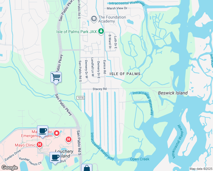 map of restaurants, bars, coffee shops, grocery stores, and more near 4051 Eunice Road in Jacksonville