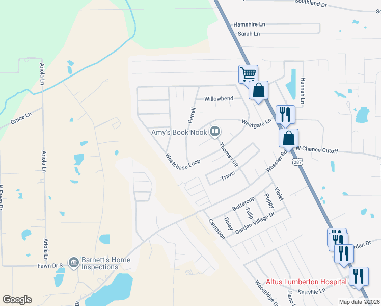 map of restaurants, bars, coffee shops, grocery stores, and more near 5865 Perrell Lane in Lumberton