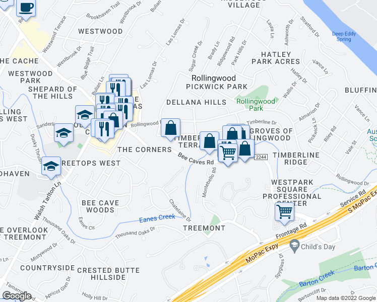 map of restaurants, bars, coffee shops, grocery stores, and more near 3006 Bee Caves Road in Austin