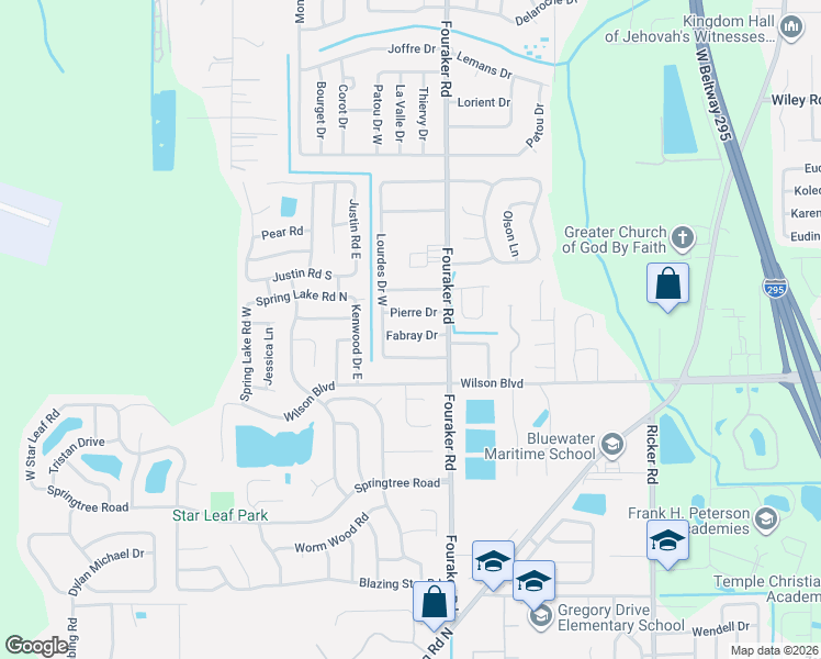 map of restaurants, bars, coffee shops, grocery stores, and more near 8069 Fabray Drive in Jacksonville