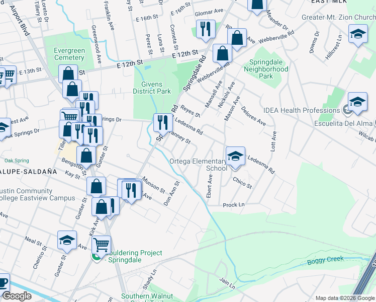 map of restaurants, bars, coffee shops, grocery stores, and more near 1127 Mark Street in Austin