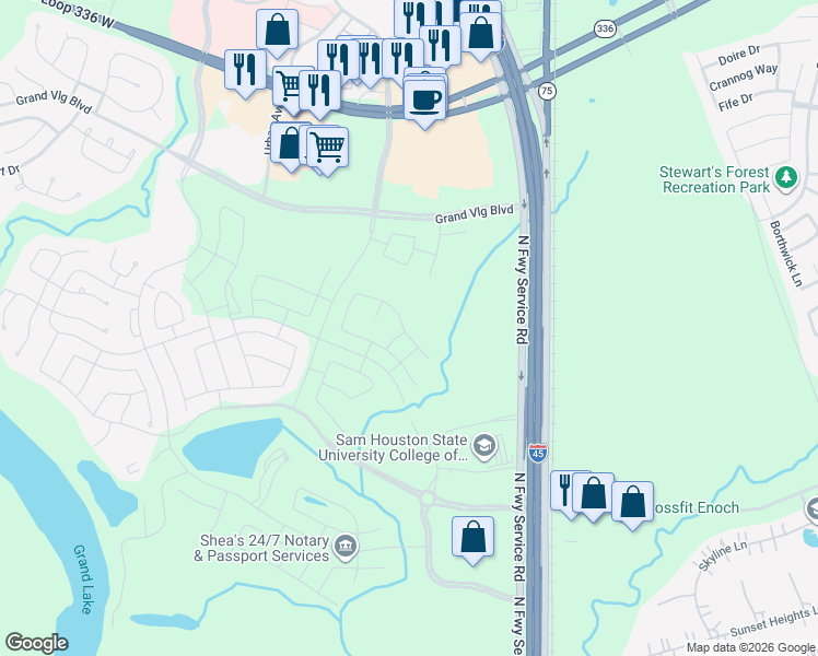 map of restaurants, bars, coffee shops, grocery stores, and more near 11000-11068 North Freeway Service Road in Conroe