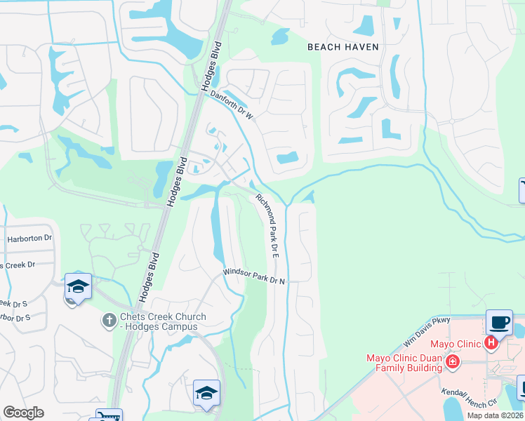 map of restaurants, bars, coffee shops, grocery stores, and more near 4020 Richmond Park Drive East in Jacksonville