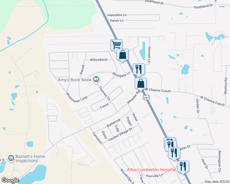 map of restaurants, bars, coffee shops, grocery stores, and more near 6040 Crockett in Lumberton