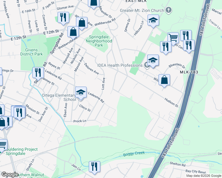 map of restaurants, bars, coffee shops, grocery stores, and more near 1115 Eleanor Street in Austin