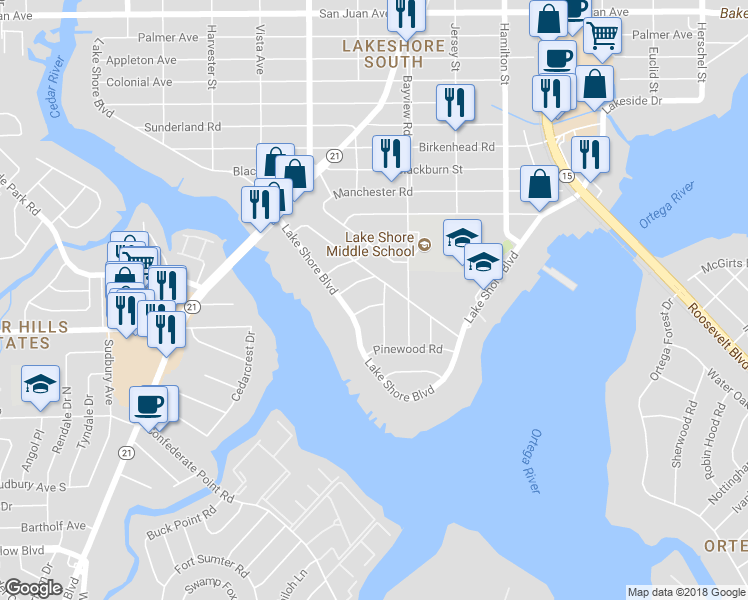 map of restaurants, bars, coffee shops, grocery stores, and more near 4743 Boxwood Road in Jacksonville