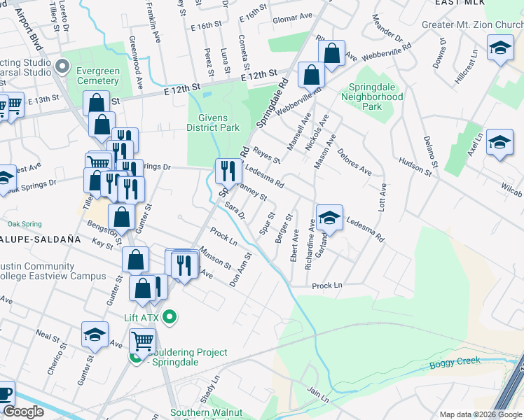 map of restaurants, bars, coffee shops, grocery stores, and more near 1127 Mark Street in Austin