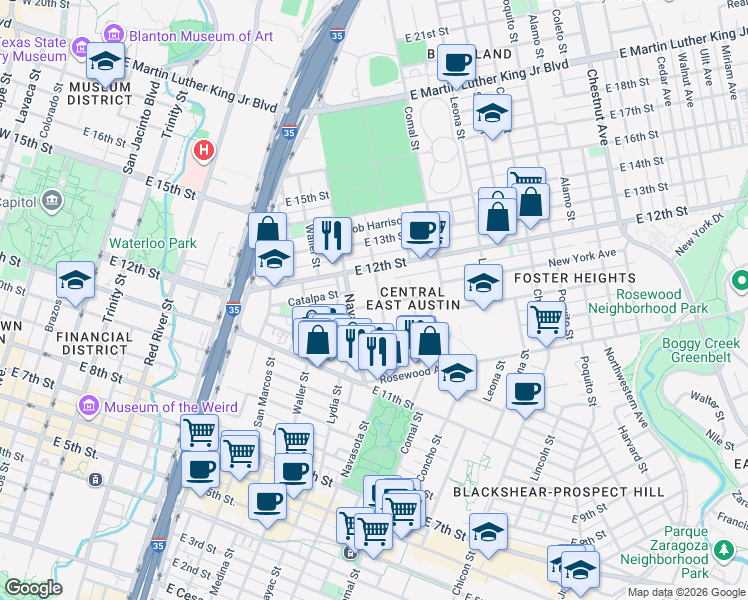 map of restaurants, bars, coffee shops, grocery stores, and more near 1190 San Bernard Street in Austin