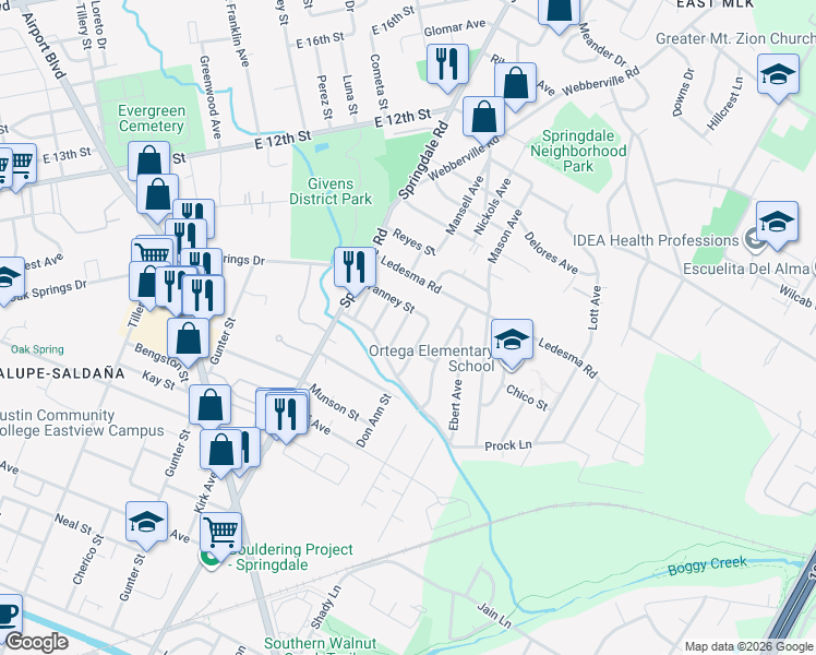 map of restaurants, bars, coffee shops, grocery stores, and more near 1127 Mark Street in Austin
