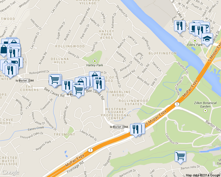 map of restaurants, bars, coffee shops, grocery stores, and more near 4712 Timberline Drive in Rollingwood