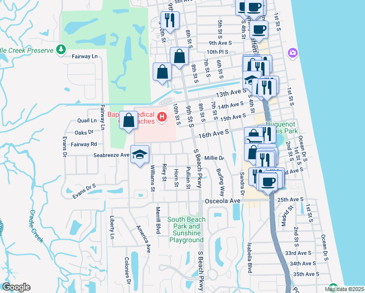 map of restaurants, bars, coffee shops, grocery stores, and more near 1625 10th Street South in Jacksonville Beach
