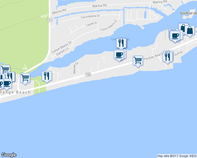 map of restaurants, bars, coffee shops, grocery stores, and more near 26456 Perdido Beach Boulevard in Orange Beach