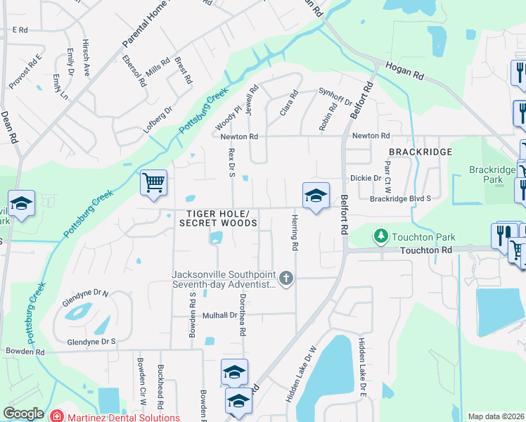 map of restaurants, bars, coffee shops, grocery stores, and more near 3003 Bridgestone Drive in Jacksonville