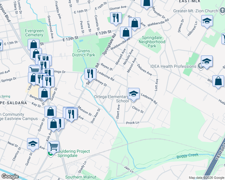 map of restaurants, bars, coffee shops, grocery stores, and more near 1131 Spur Street in Austin