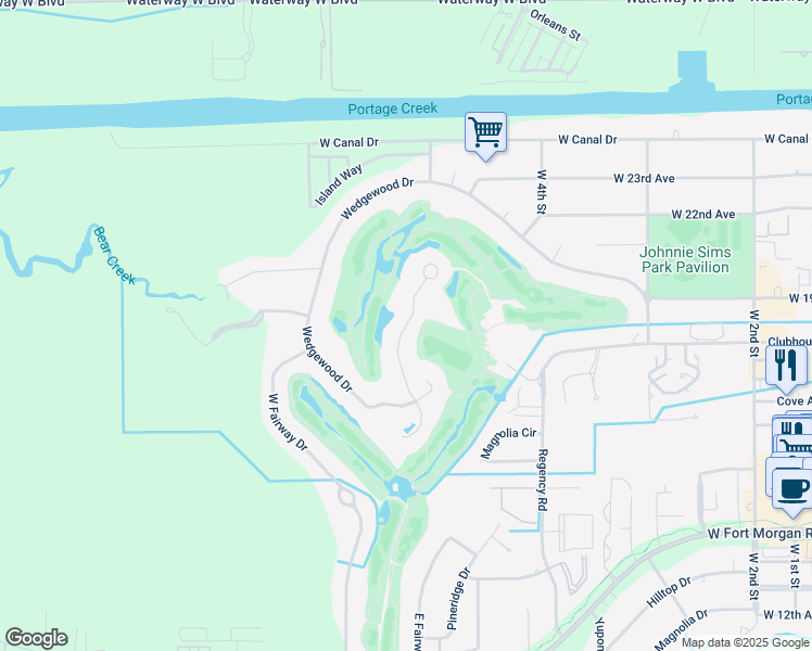 map of restaurants, bars, coffee shops, grocery stores, and more near Hogan Drive in Gulf Shores