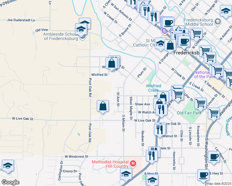 map of restaurants, bars, coffee shops, grocery stores, and more near 446 Saint Ann Street in Fredericksburg