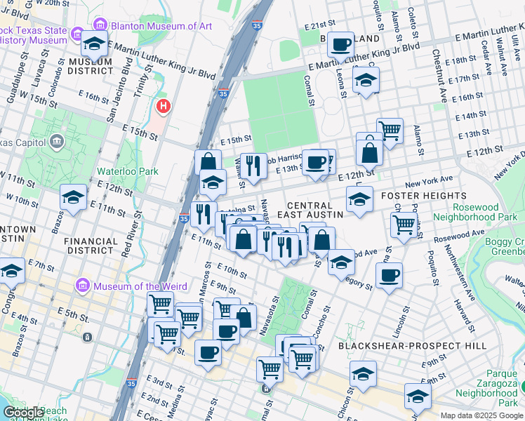 map of restaurants, bars, coffee shops, grocery stores, and more near 1184 Navasota Street in Austin