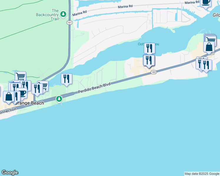 map of restaurants, bars, coffee shops, grocery stores, and more near 26302 Perdido Beach Boulevard in Orange Beach