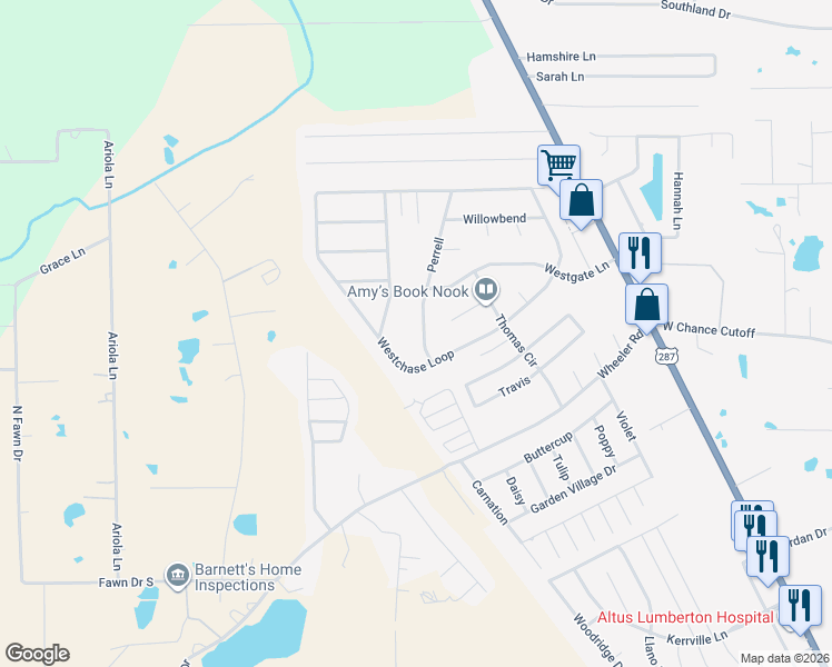 map of restaurants, bars, coffee shops, grocery stores, and more near 5840 Perrell Lane in Lumberton