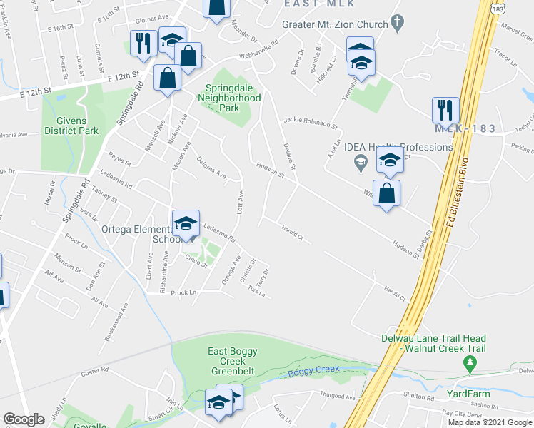 map of restaurants, bars, coffee shops, grocery stores, and more near 1115 Eleanor Street in Austin