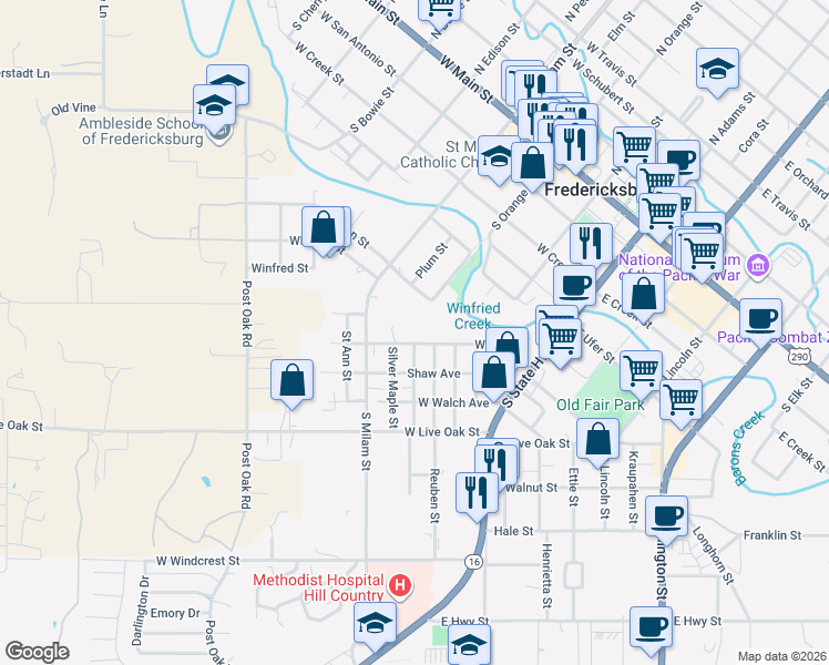 map of restaurants, bars, coffee shops, grocery stores, and more near 314 West Park Street in Fredericksburg
